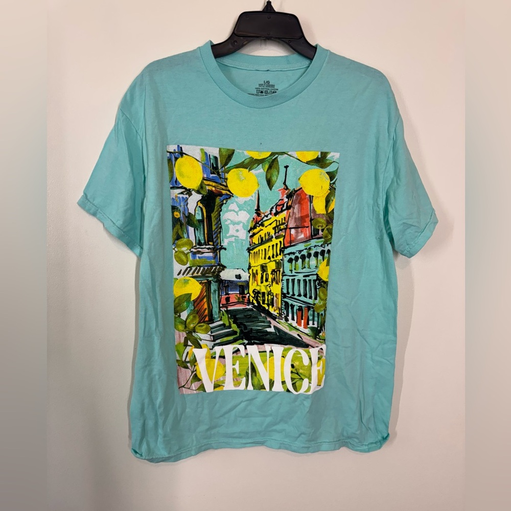 Venice Graphic Teal - Blue T-Shirt Size Large NWOT 100% Cotton *Imperfections*
